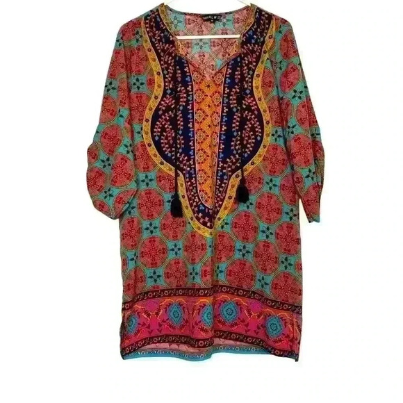 NLW Paisley,loose,oversized,flowy,bohemian Multicolored open neck w/Tassels SZ-M - Picture 1 of 10